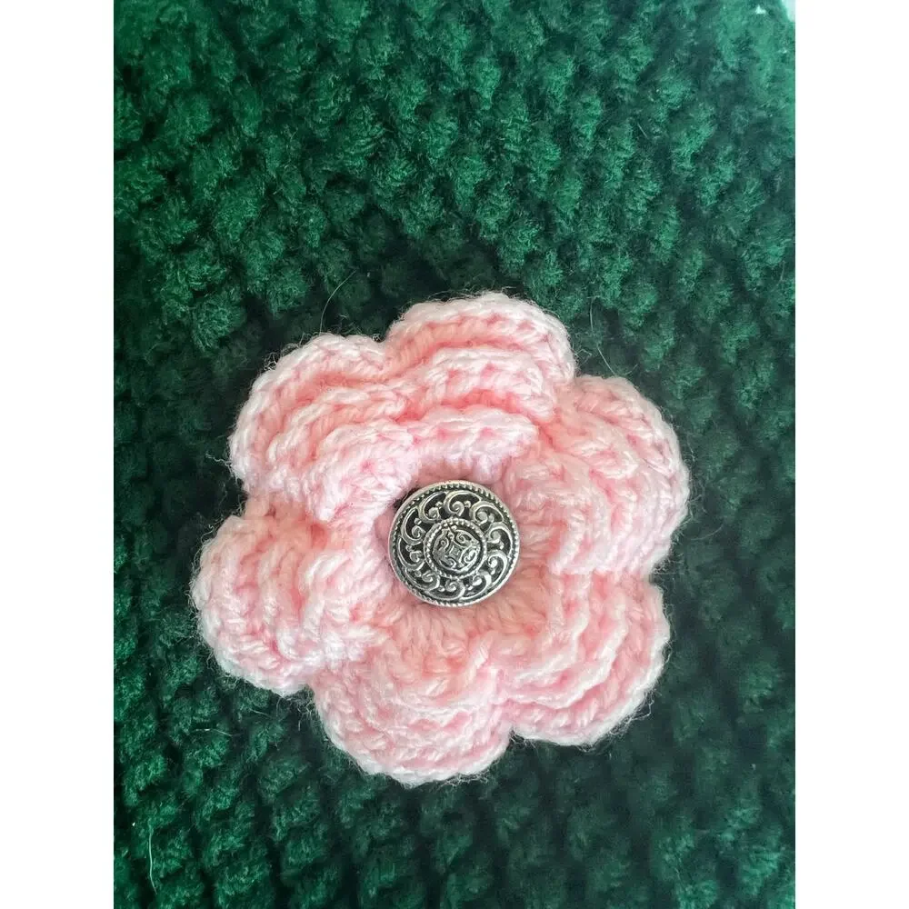 Handmade Knitted Forest Green Pink Flower Wooden Handle Tote Hobo‎ Handbag Purse